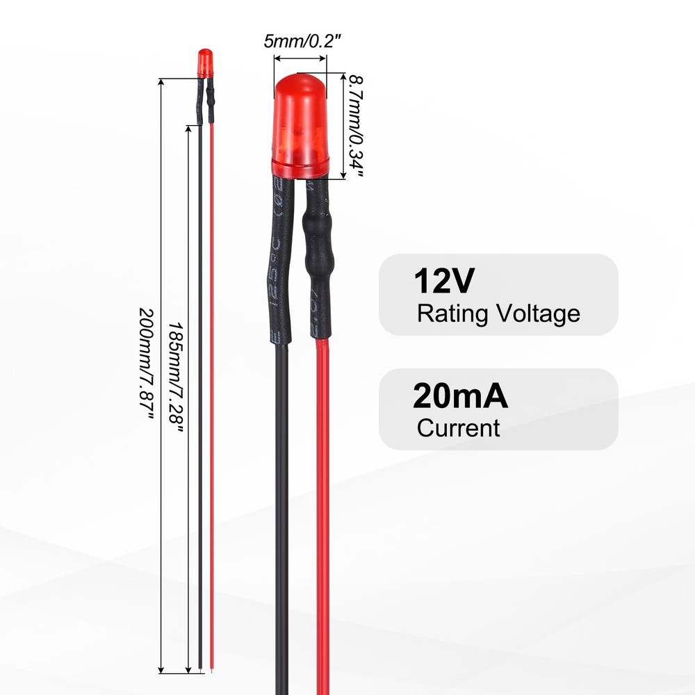 50pcs 5mm LED Diode Lights, Red Light DC 12V for Electronics