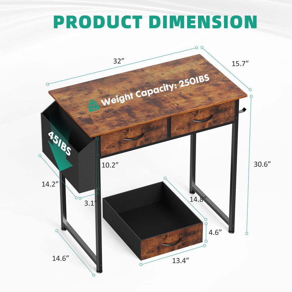 32" Office Small Computer Desk,Home Study Table with 2 Fabric Drawers & Side Bag