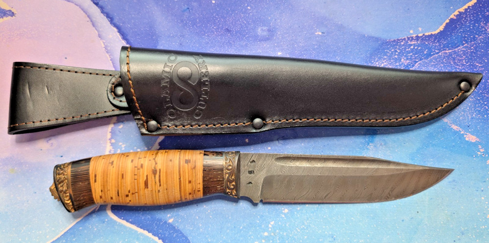 Handmade Voykar HT Damascus Birch Bark Olamic Fixed Blade Knife