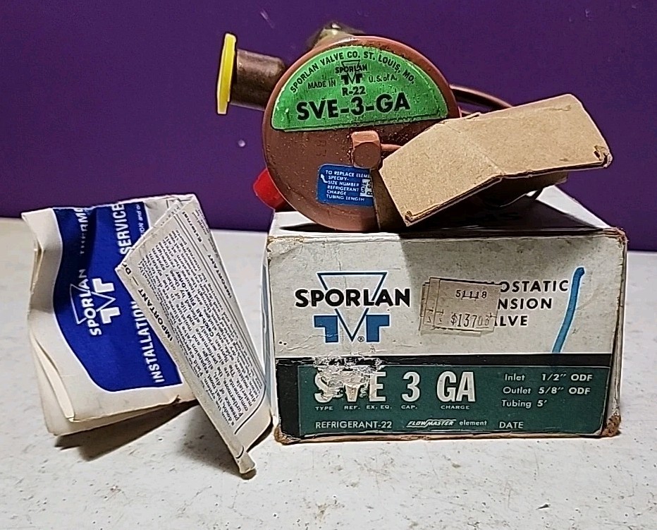 Carrier Sporlan EXPANSION VALVE EA02SC426, SVE-3-GA - 1/2 IN 5/8 OUT 5" TUB NOS