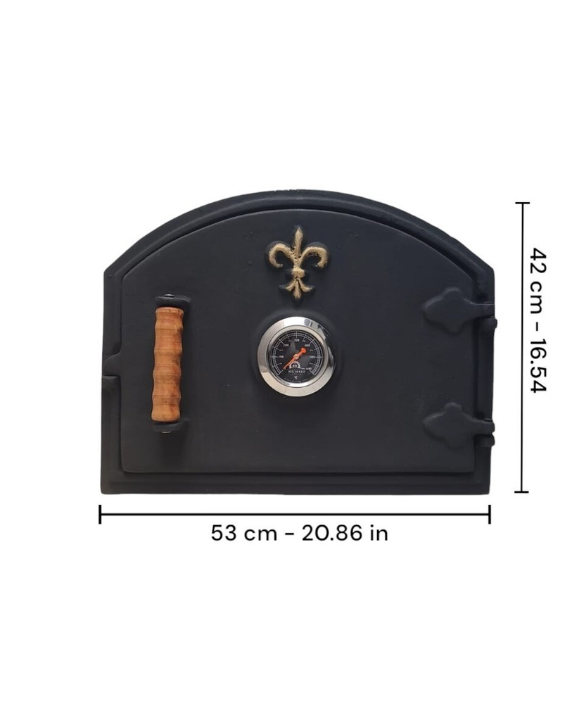 Wood-fired oven door with left handle