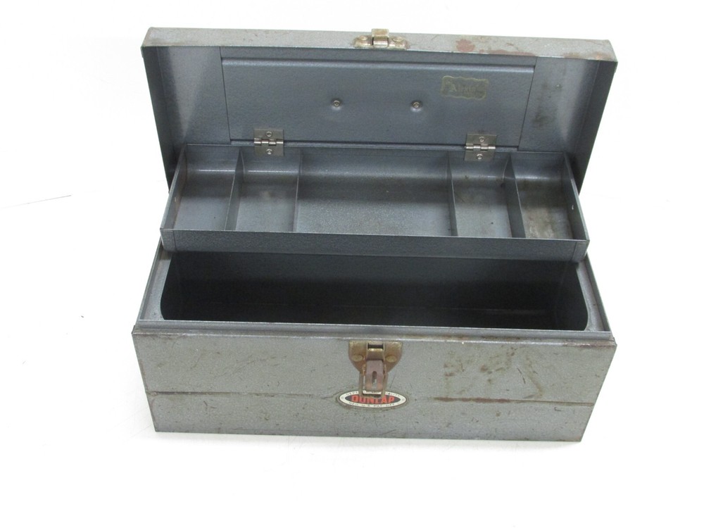 VINTAGE DUNLAP 14" STEEL TOOL BOX w/ HINGED TRAY
