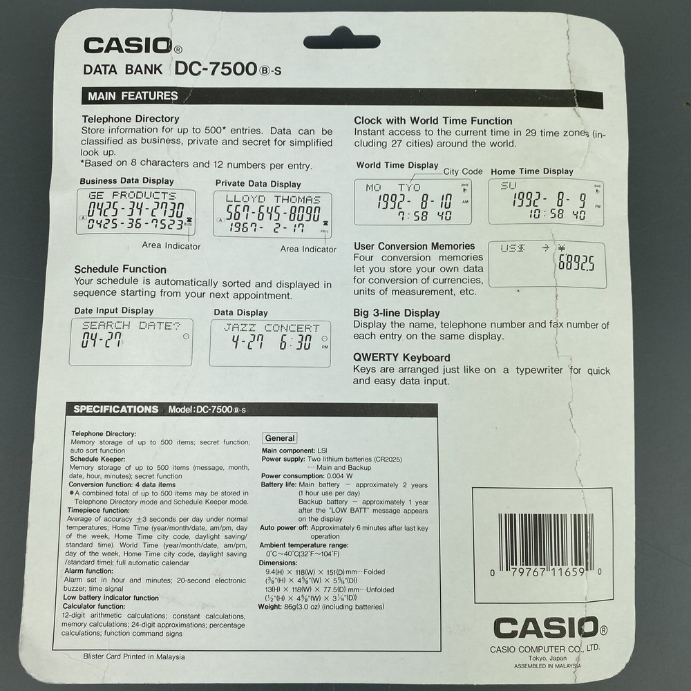 Vintage Casio 500 Data Items Electronic Data Bank DC-7500 NIP