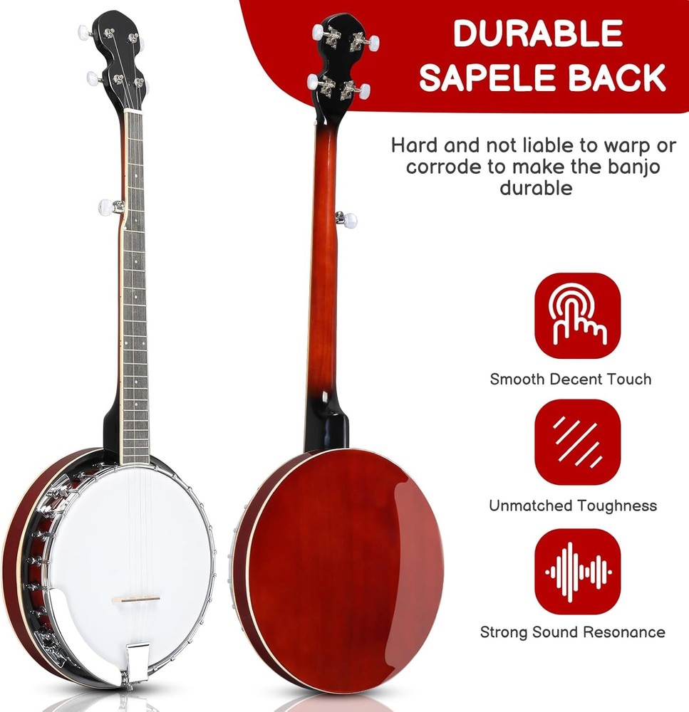 5 String Banjo Set,Full-Size Right Handed Closed Solid Sapele Back&Mahogany Neck