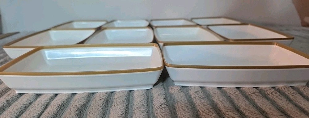 Set 10 Delta Airlines White Gold Trim Plastic Rectangular Bread Dessert Dish Vtg