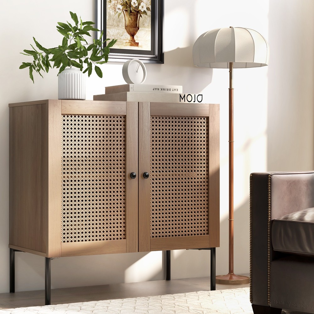 Rattan Buffet Sideboard Wine Cabinet Cupboard w/ Adjustable Shelf Oak