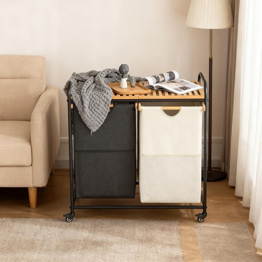 Laundry Sorter 2 Section Laundry Hampers W/ Removable Shelf & Pull-Out Bags
