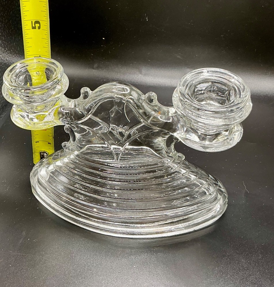 L.E. SMITH GLASS: DOUBLE CANDLESTICK LINE "HORIZONTAL RIBBED" CLEAR 1930'S