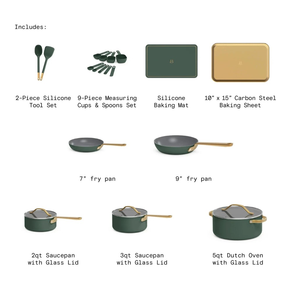 Beautiful 21 PCS Ceramic Nonstick Cookware & Tools Set by Drew Barrymore