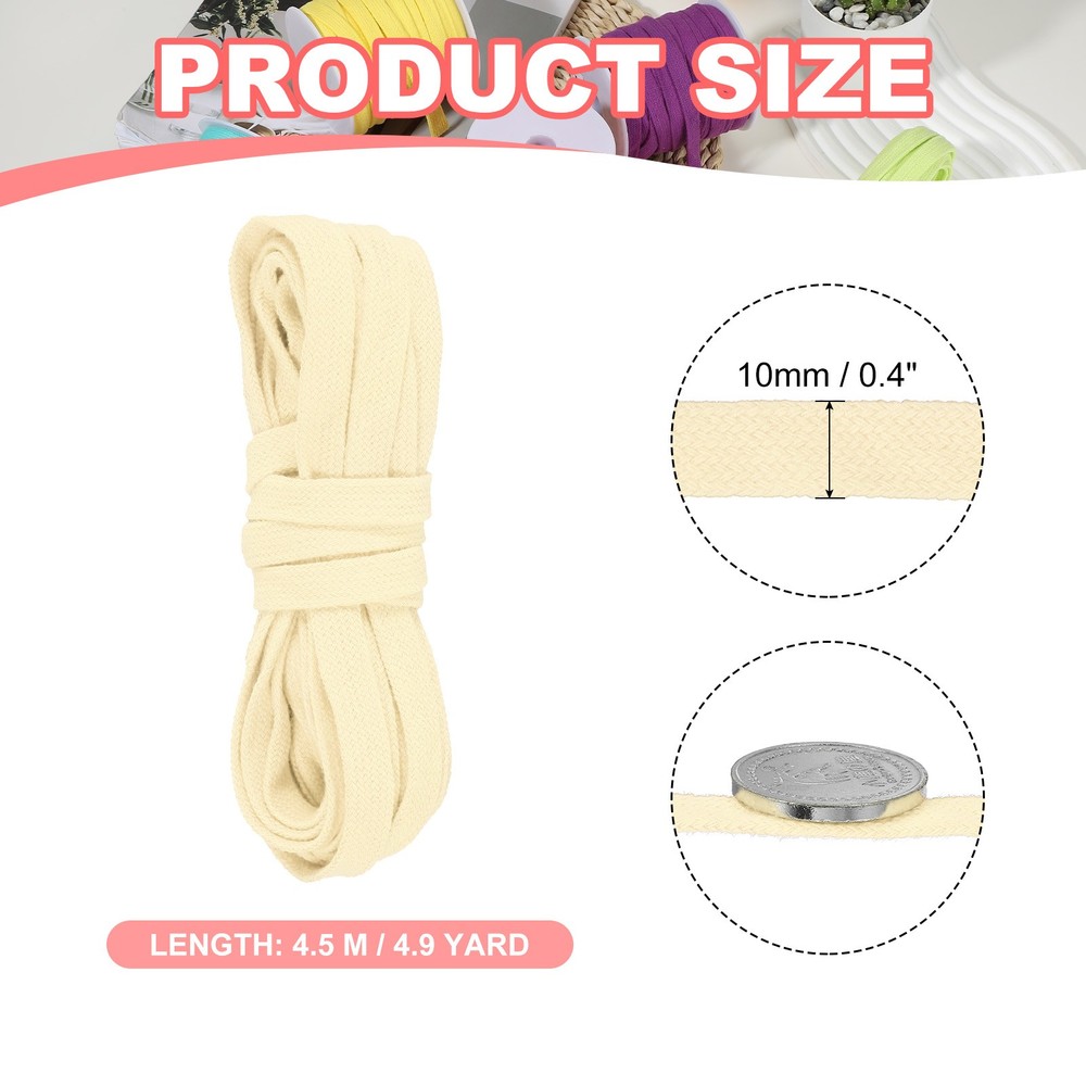 Flat Drawstring Cord 10mm x 5 Yd, Replacement Flat Rope with Ruler Cream