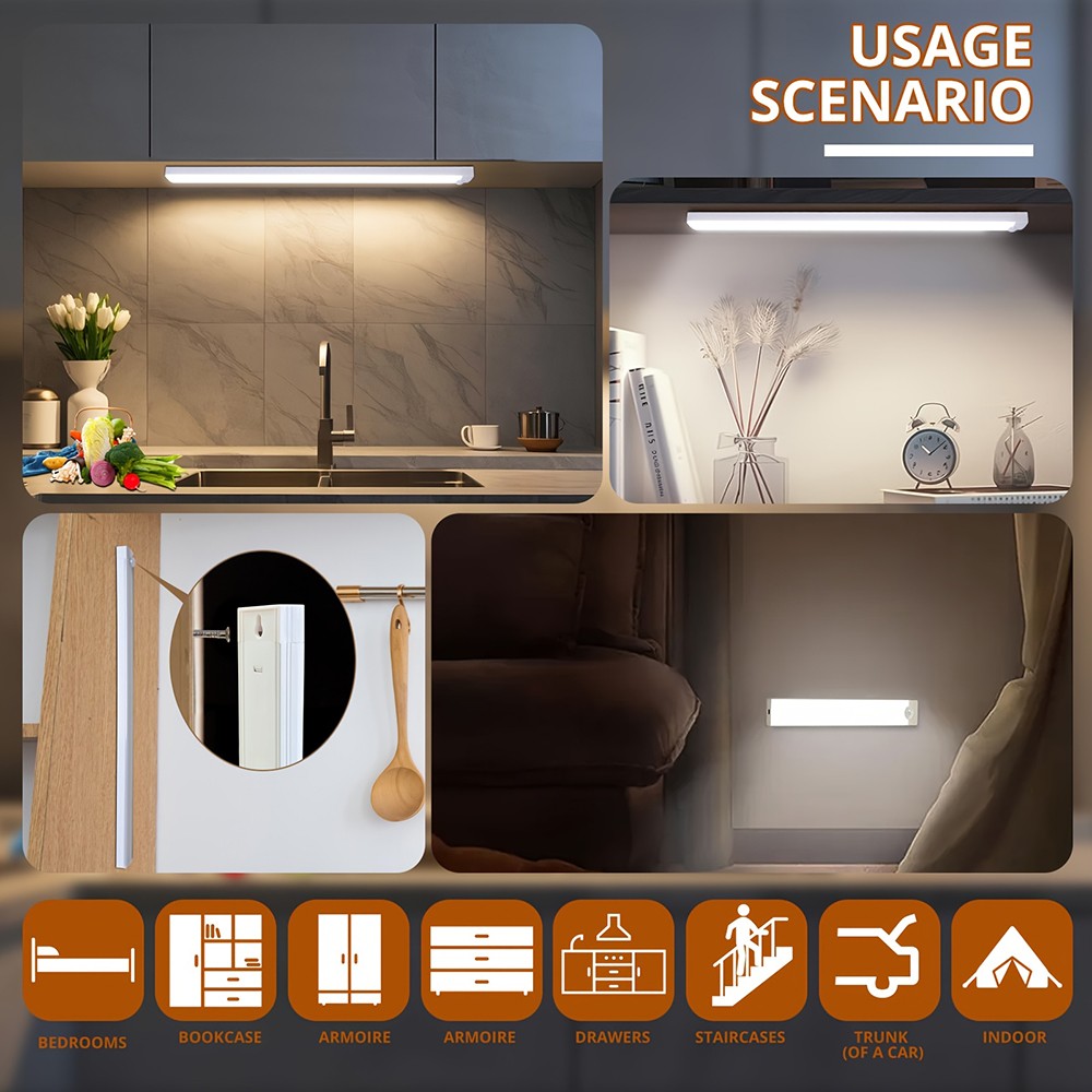 12'' 4-Pack LED Under Cabinet Lights Rechargeable Motion Sensor 3 Color Dimmable