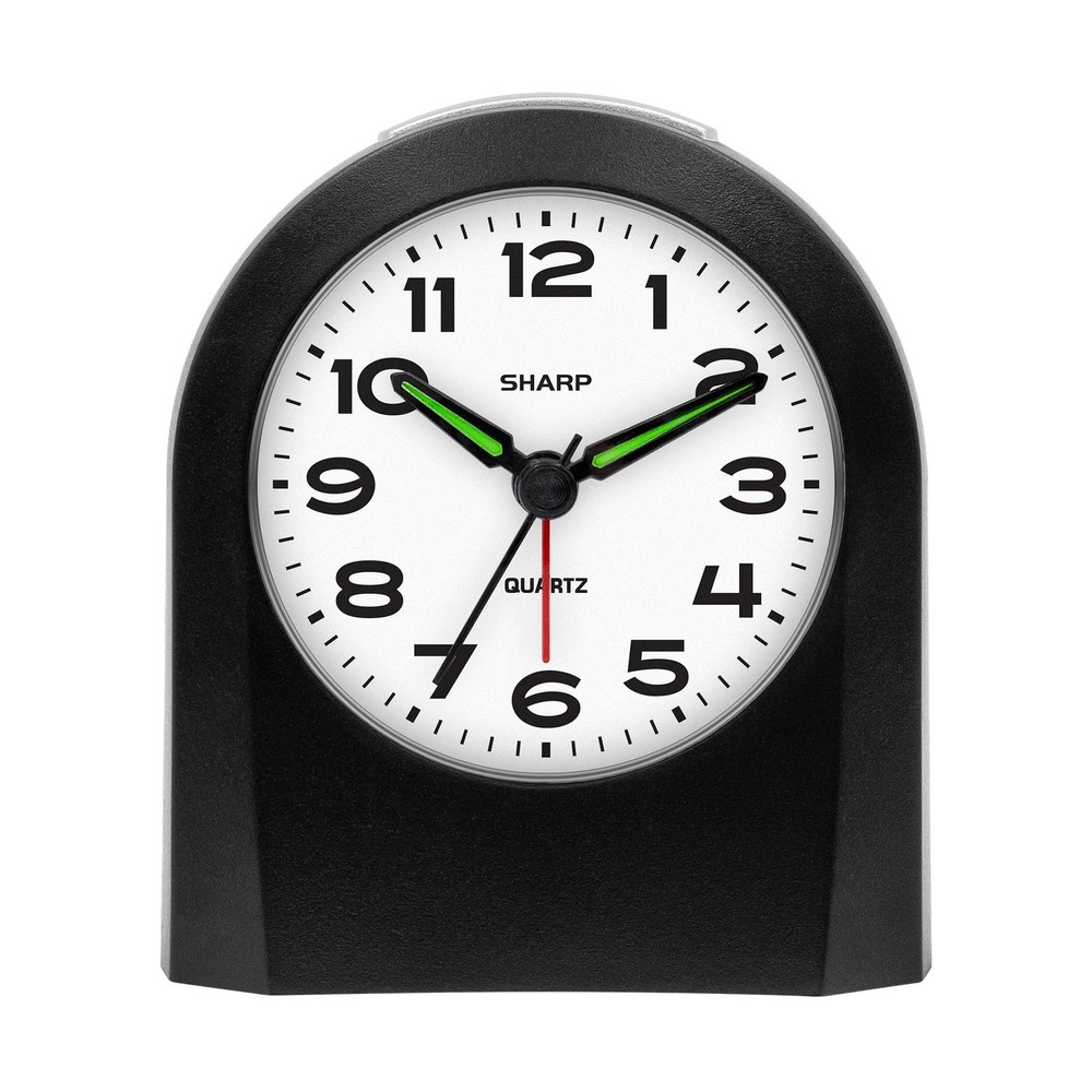 Sharp Small Battery Operated Analog Alarm Clock Silent No Ticking, Black