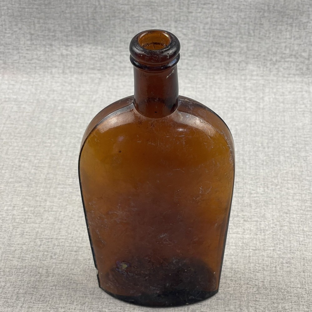 Amber Strap Side Whiskey Flask "194" Embossed Base