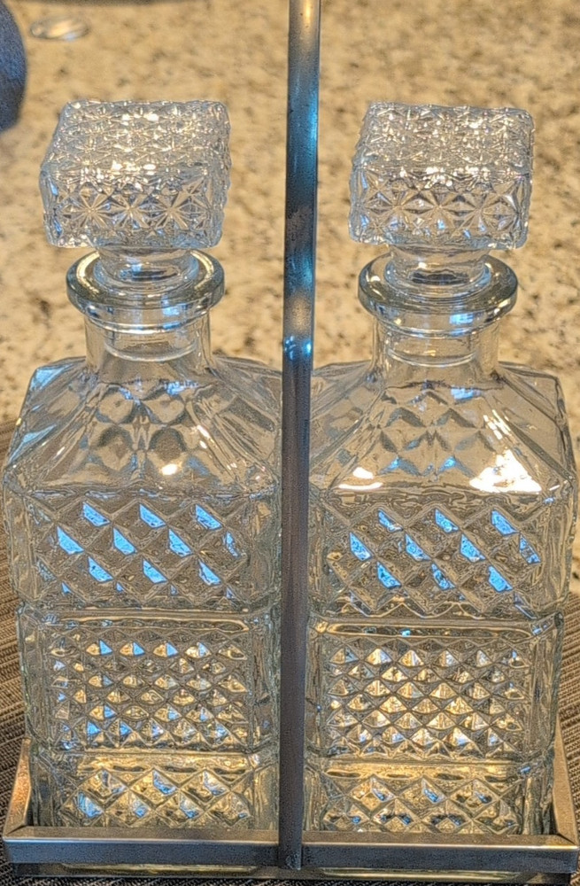 Clear Cut Glass Decanter Set Diamond Pattern Square Shape with Stoppers
