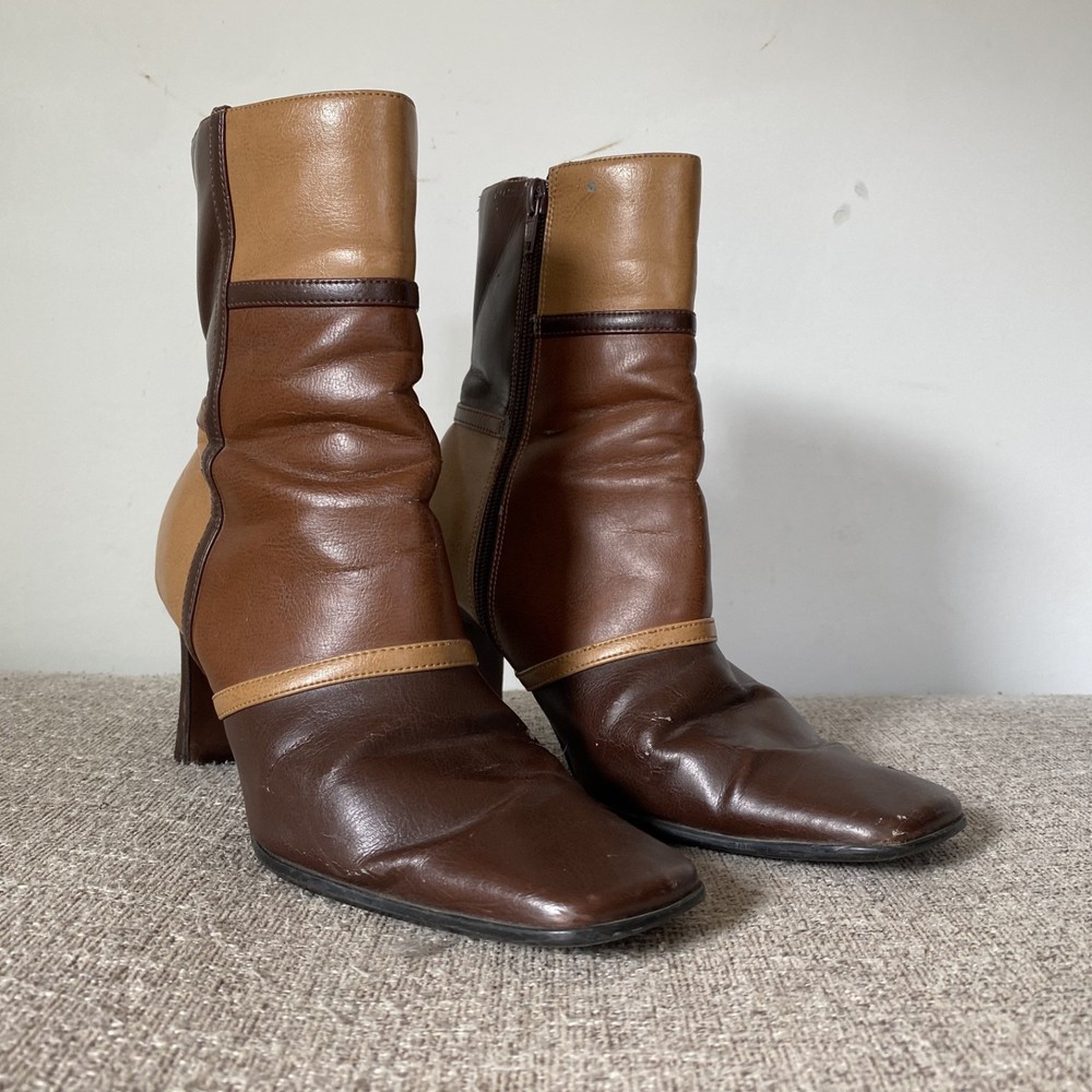 Vintage Y2K Patchwork Faux Leather Booties Boots Size 8M Square Toe Boho Brown