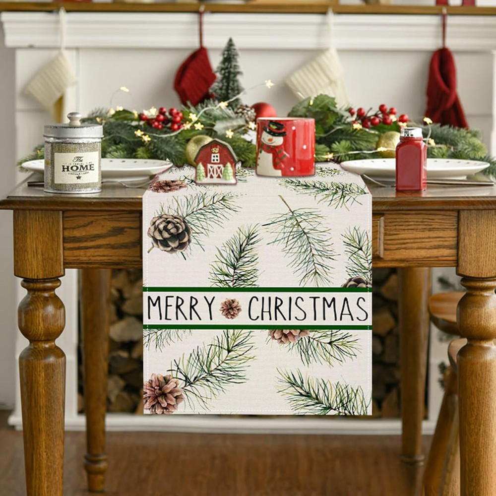 Pine Cones Christmas Table Runner 13x72 Inch Winter Pinecone Branches Merry C...