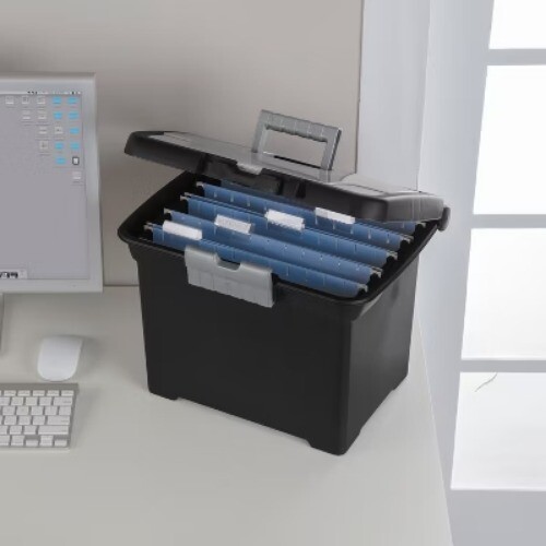 Medium Letter File Box Black: Plastic File Organizer with Handle Clear Cover