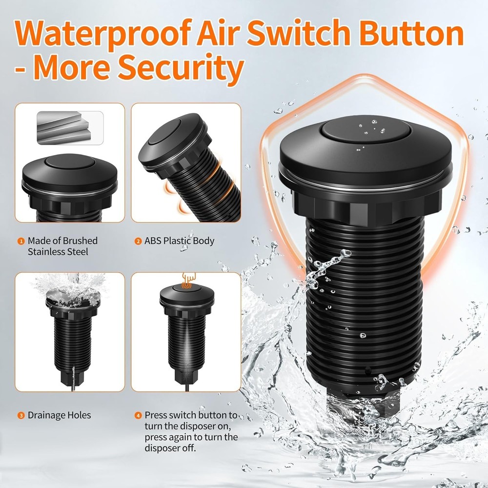 Listed Waterproof Garbage Disposal Air Switch Kit - Matte Black, Easy Install