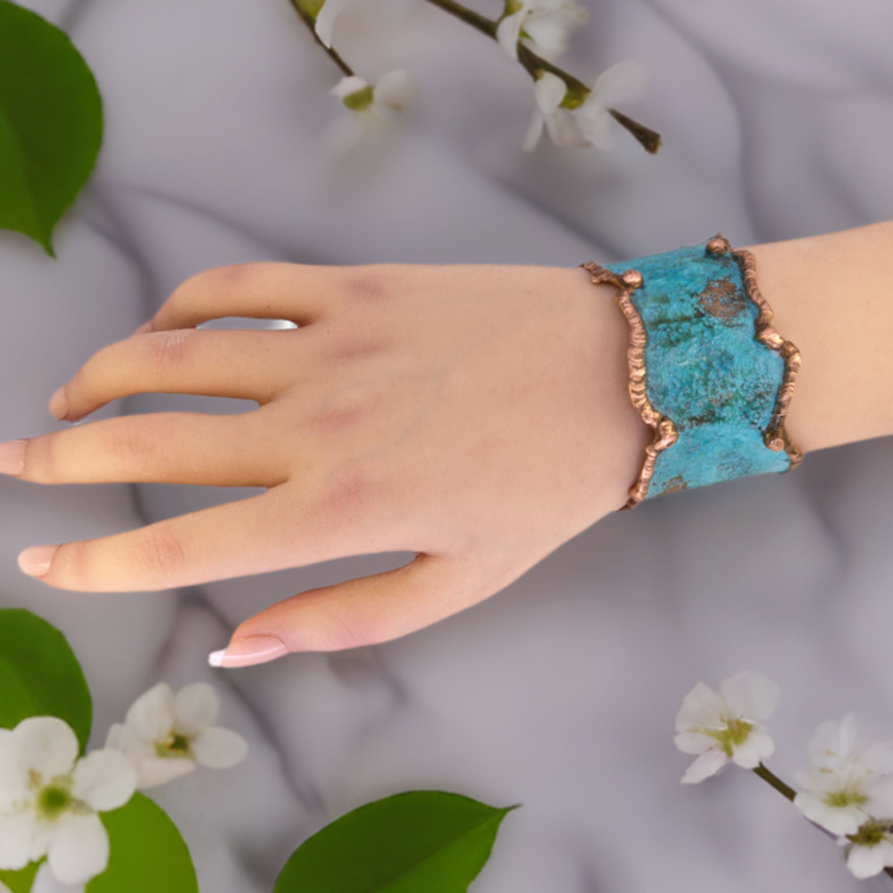 Solid Copper Rustic Patina Cuff Bracelet With Molten Edging & Verdigris Patina