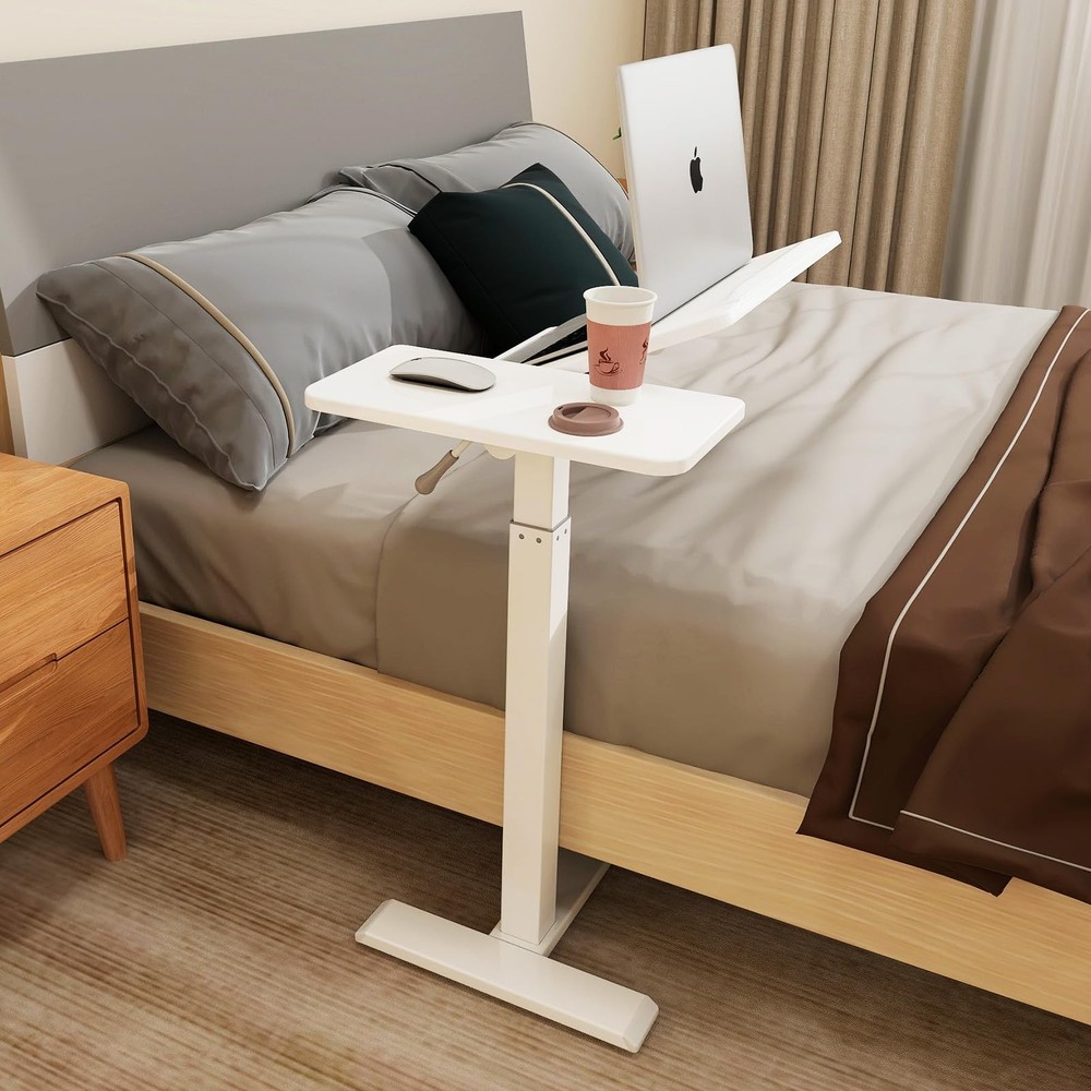 PUNCIA Height Adjustable Overbed Table with Pneumatic Lift Rectangular, White