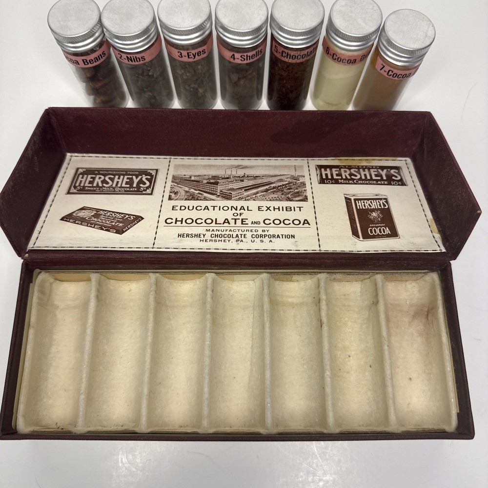 Hershey Chocolate Educational Glass Sample display Never Used Full Bottle