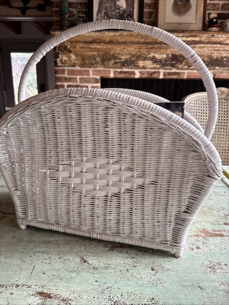 Vintage White Wicker Magazine Rack Storage Stand
