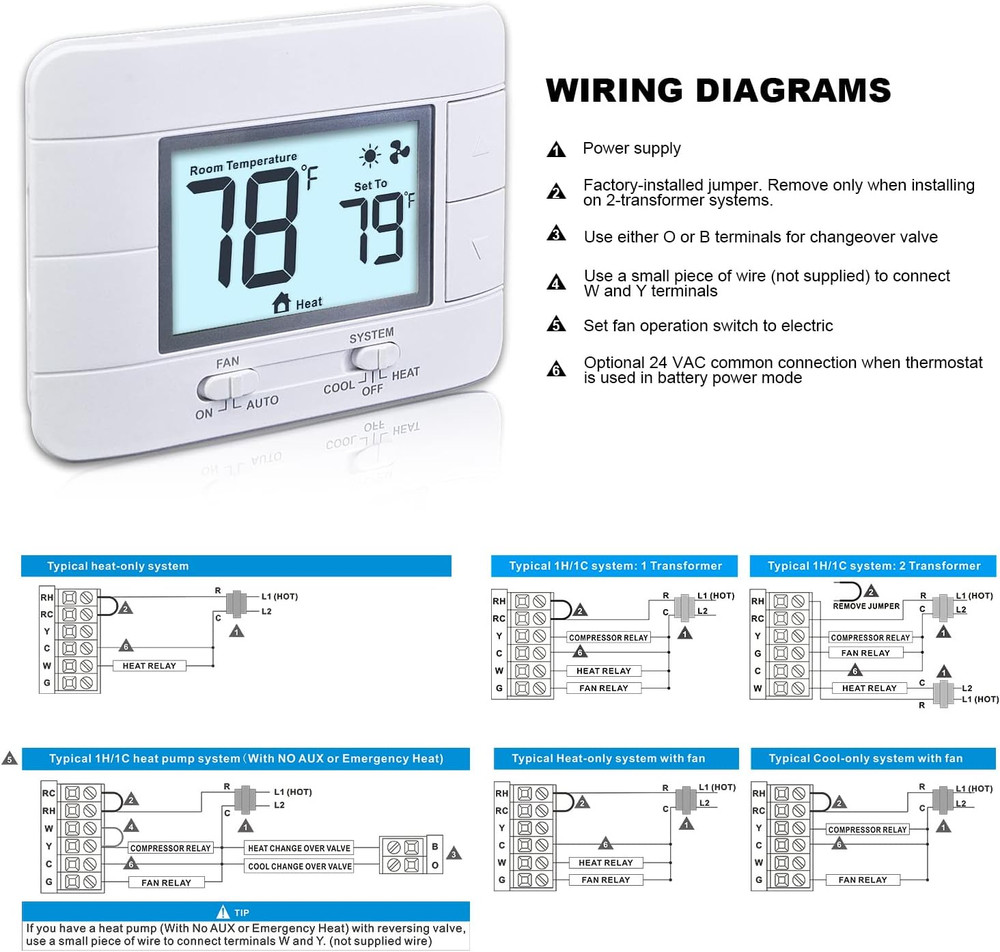 Non Programmable Thermostat for Home 1 Heat/ 1 Cool Single-Stage System, with Ro