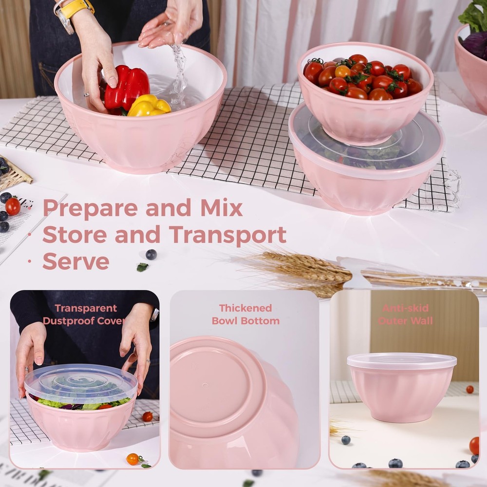 4 Pack Plastic Mixing Bowls with Lids Set Large Nesting Bowl Pink
