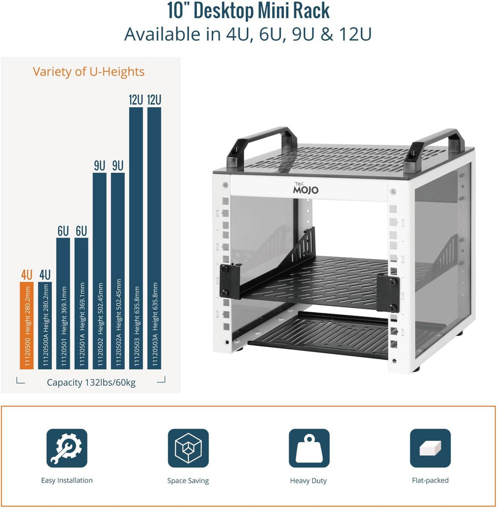 Tecmojo 4U Network Rack, 10 Inch Mini Server Rack with 2 Side Translucent Panels