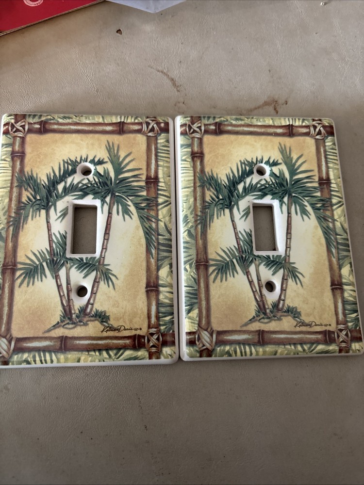 Vintage Pair Bamboo & Palm Tree Ceramic Light Switch Cover For Single Switch