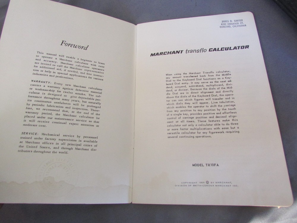 MARCHANT TRANSFLO FIGUREMASTER TR10FA OWNERS MANUAL n