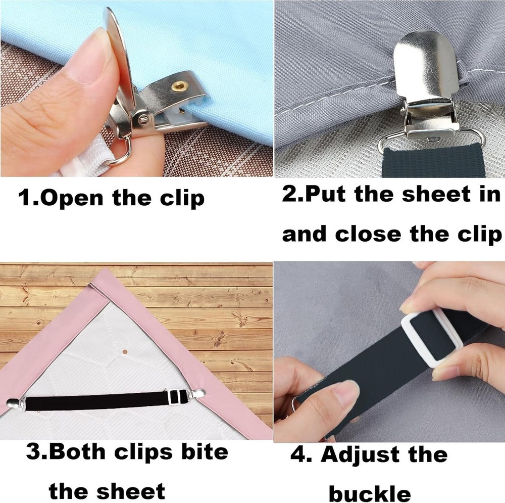 8pcs Adjustable Bed Sheet Straps & Clips, Elastic Fitted Sheet Holder, Mattre...