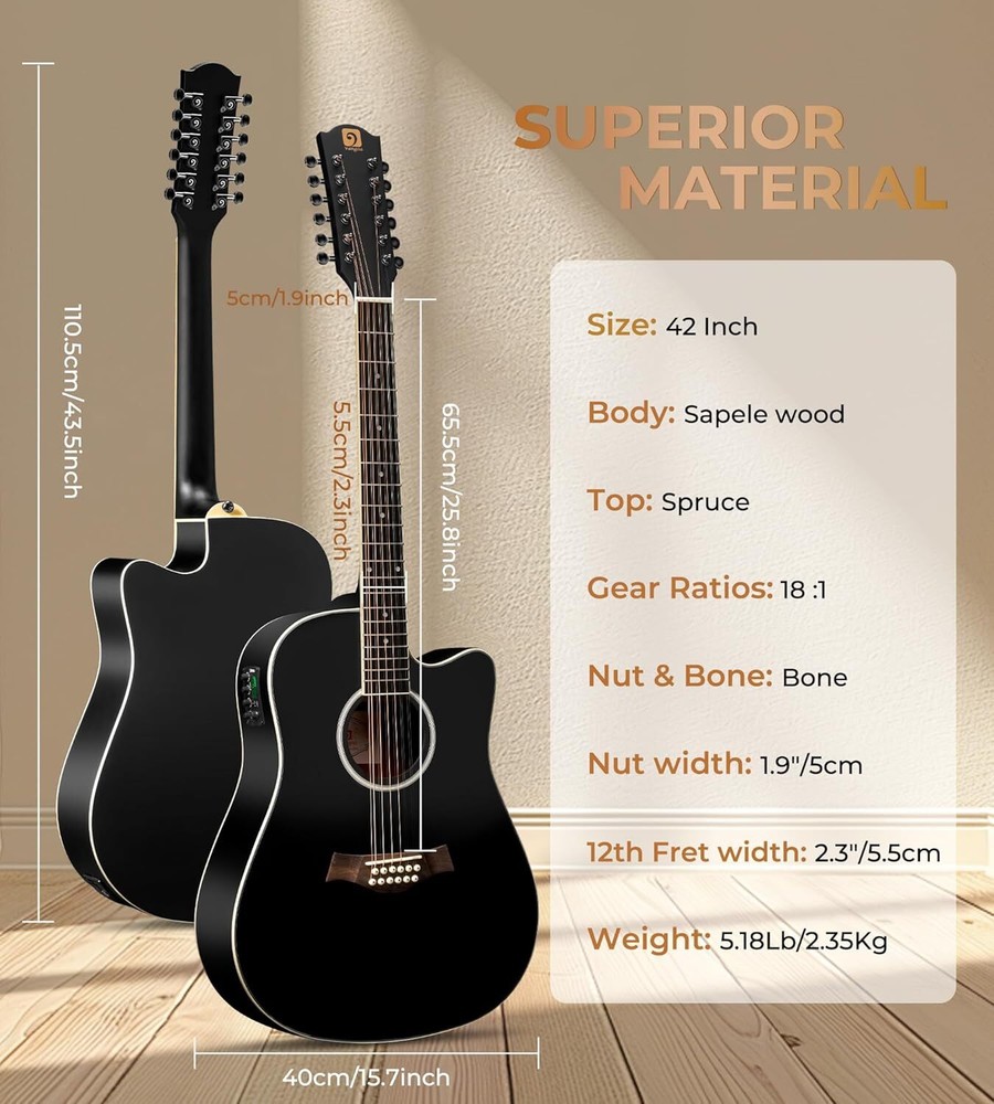 Vangoa 12 String Guitar Acoustic Electric, Upgraded Guitar 12 Strings Bundle