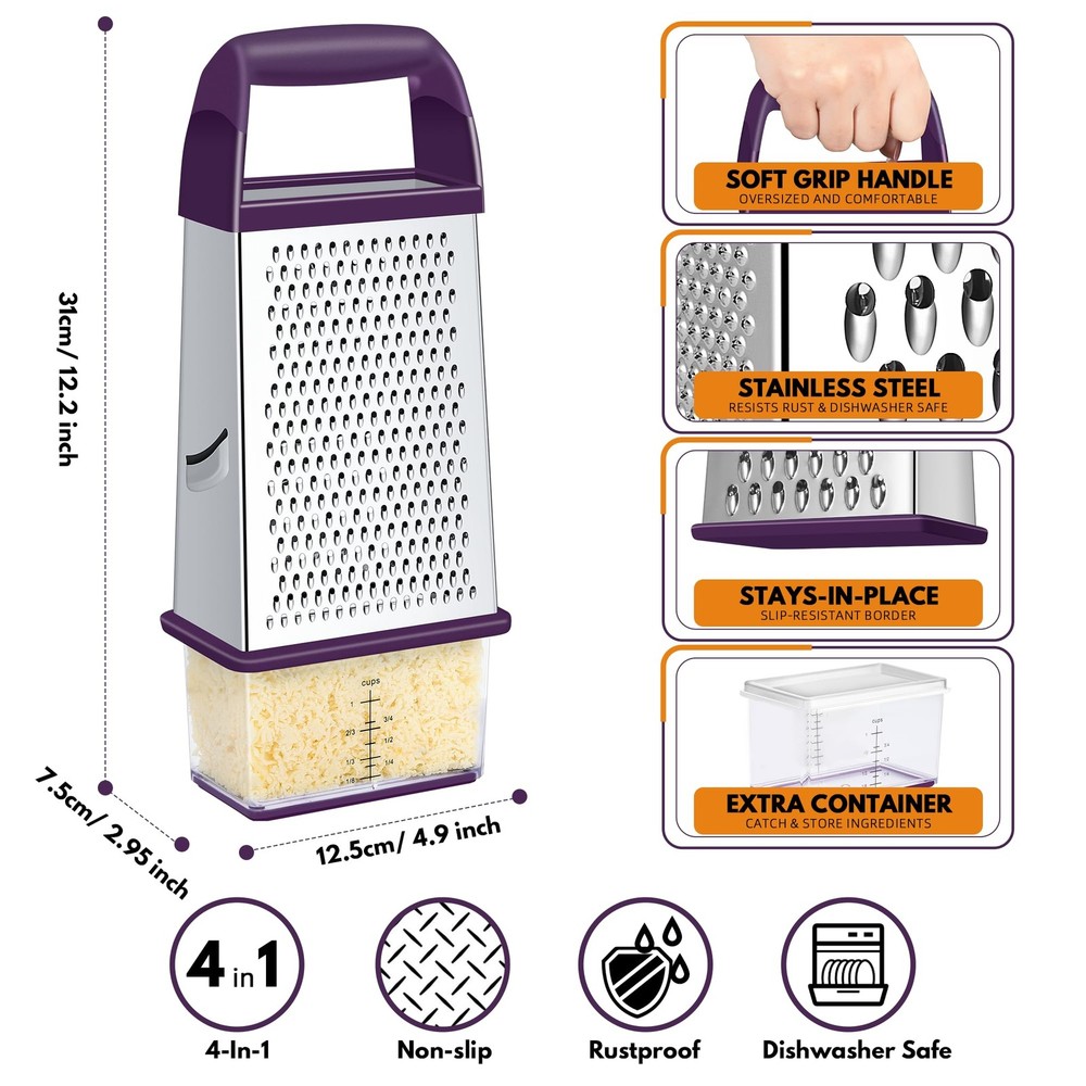 Cheese Grater With Container, Professional Cheese Grater with Handle, Stainle...