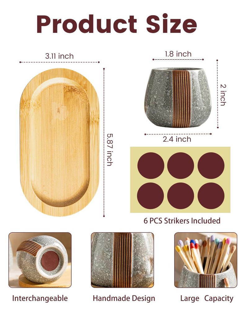 Zoeeker Match Holder Set with Striker - Ceramic Matchstick Container Gray