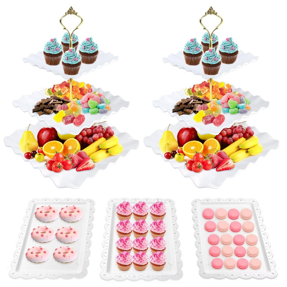 5 Pc Cupcake Stand Set - 2 Large 3-Tier Stands & 3 Rectangular Appetizer Plates