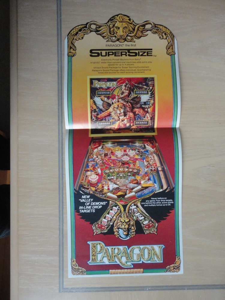 Paragon Pinball Machine Flyer Original Bally Brochure Fold Out