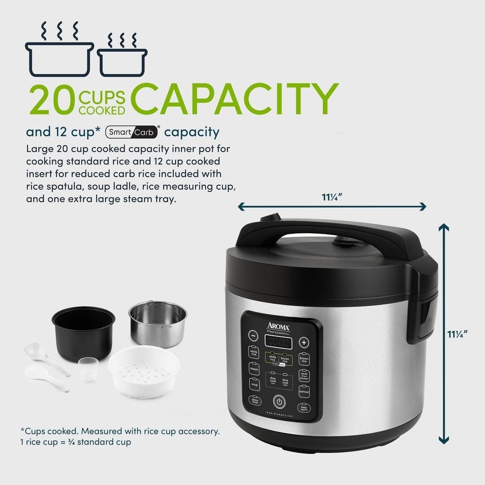 Aroma Rice Cooker 20-Cup Stainless Steel Multi-Function Keep Warm Nonstick Pot