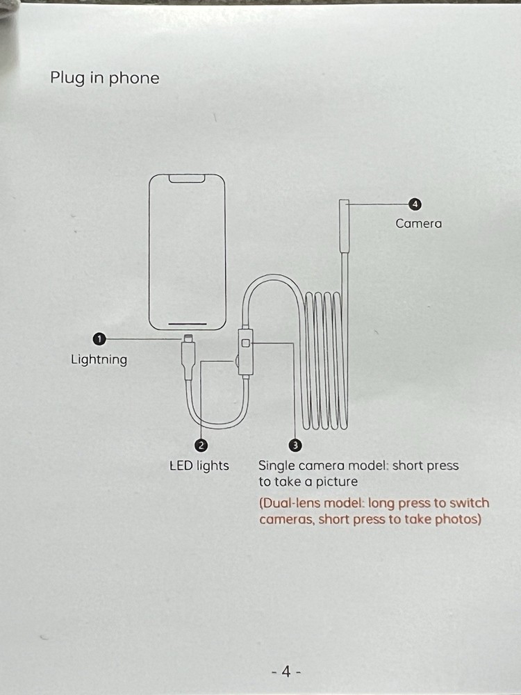 Inspection Camera 6 LED 1920p App- IOS/Android Endoscope Borescope Working EUC