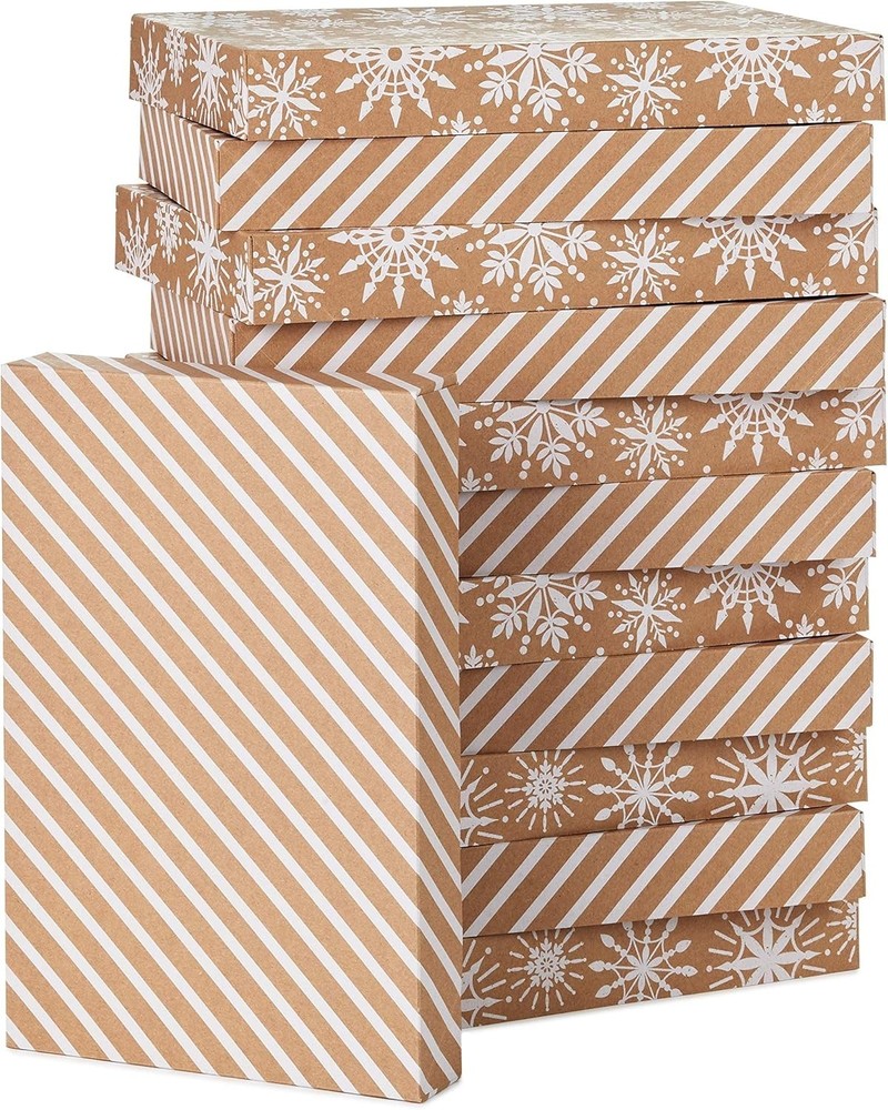 Gift Boxes with Lids Medium 12 Pack Festive Snowflakes Stripes Holiday Gift B...