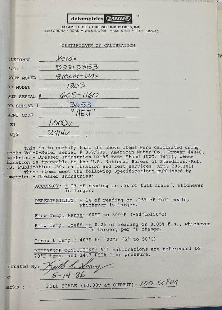Datametrics Model 810L Mass Flow Meter Instruction Manual
