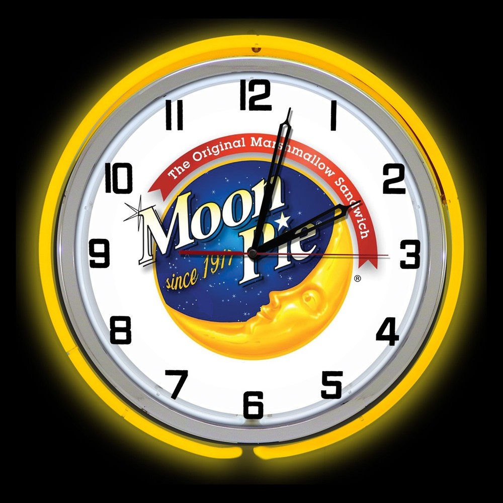 15" Moon Pie Marshmallow Sandwich Sign Yellow Double Neon Clock
