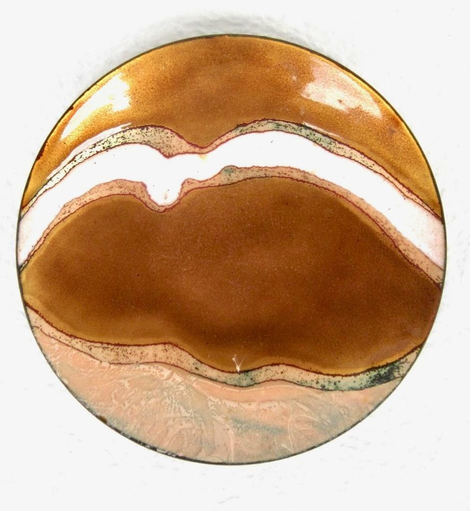 Signed EB Artisan Enamel on Copper Plate 7.75" Abstract Brown Memphis Art Dish