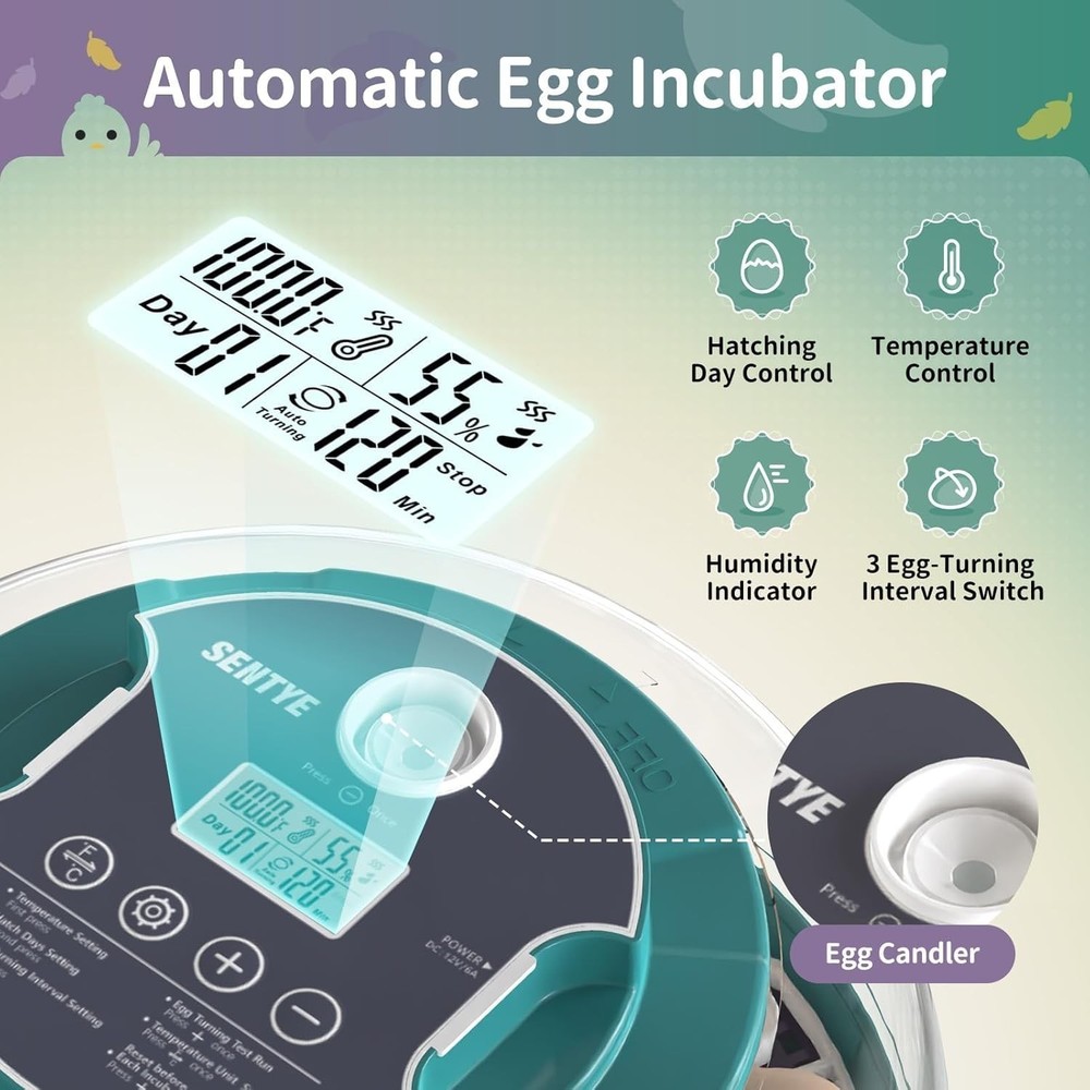 Automatic Egg Hatcher with LED Screen, Large Egg Incubator with Adjustable Tu...