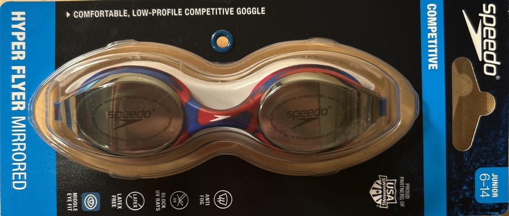 NEW Speedo HYPER FLYER Mirrored Junior Competitive Racing Goggles Blue Red