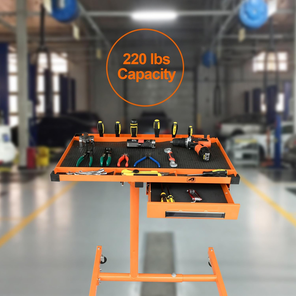 Heavy Duty Adjustable Work Table with Drawer & Wheels, 220Lbs Capacity, Orange