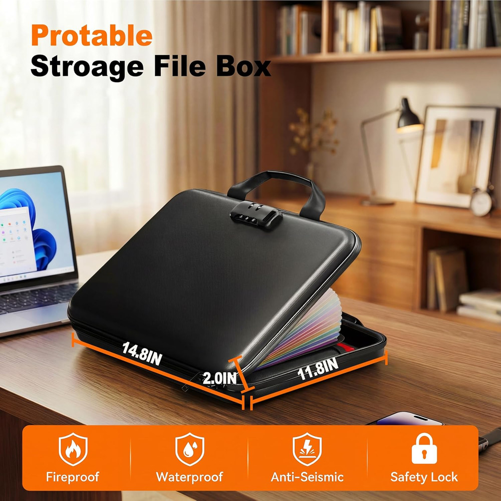 Fireproof Accordion File Organizer with Lock,Hard-Shell Fireproof Document Box w