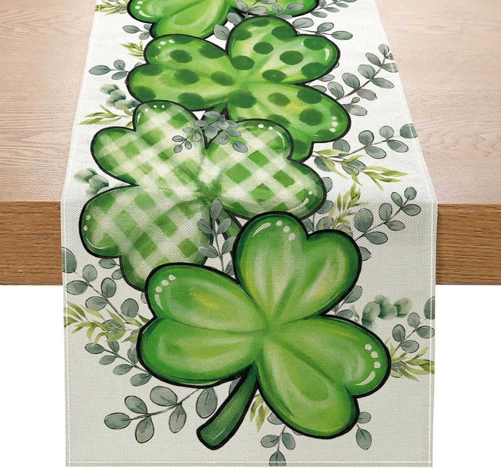 St Patrick's Day Table Runner Decorations Shamrock Eucalyptus Seasonal Kitchen