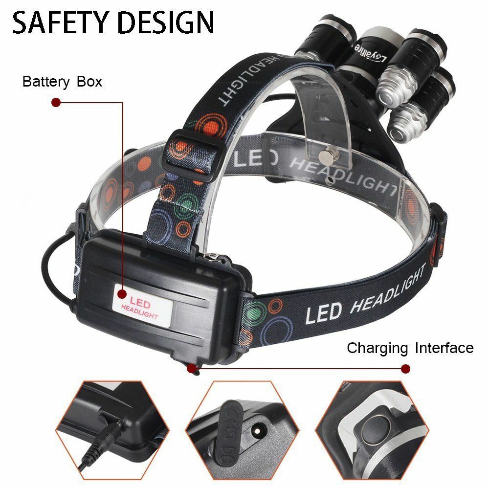 LED Headlamp 5 Head 18650 Headlight Flashlight Torch Light