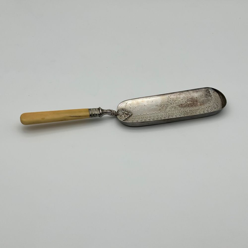 Antique Silver Plate Engraved Crumb Scraper Ivory Cream Handle